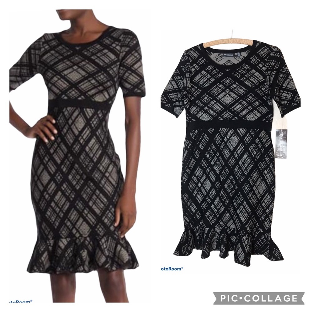 NINA LENARD Geo Plaid Ruffle Knit Sweater Dress Small